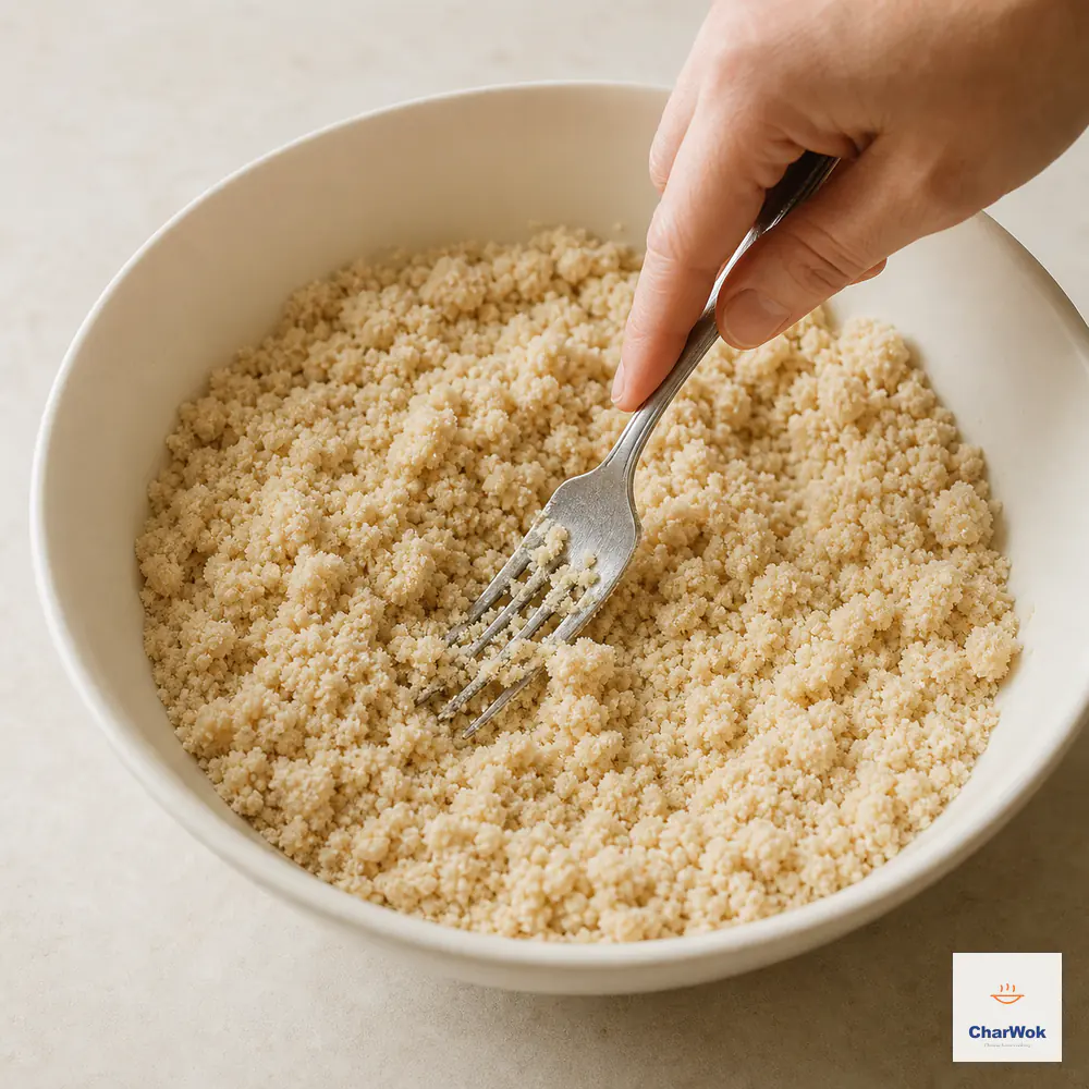A fork works neutral oil through the almond-flour mixture until it resembles damp sand with many small clumps and no dry flour or oil puddle