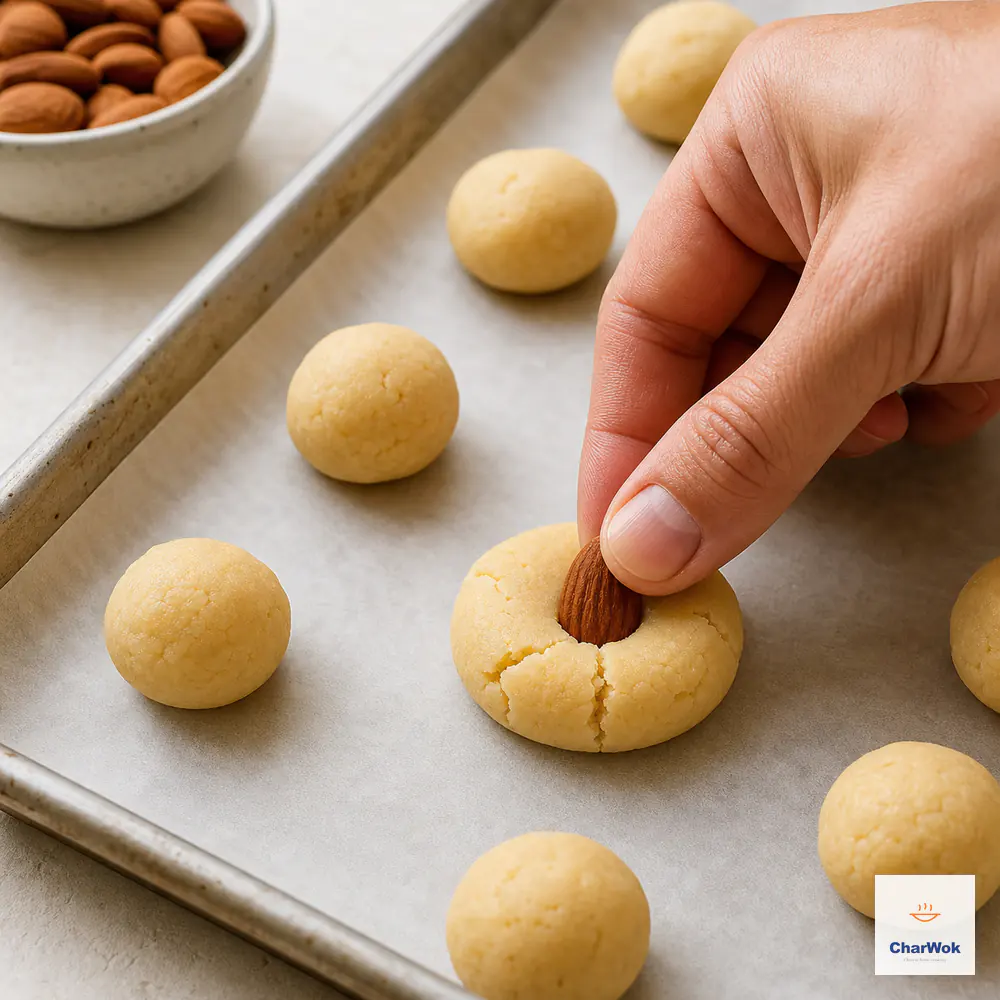 A thumb presses one toasted whole almond halfway into a small pale dough ball on parchment, flattening it into a thick disk with natural edge cracks