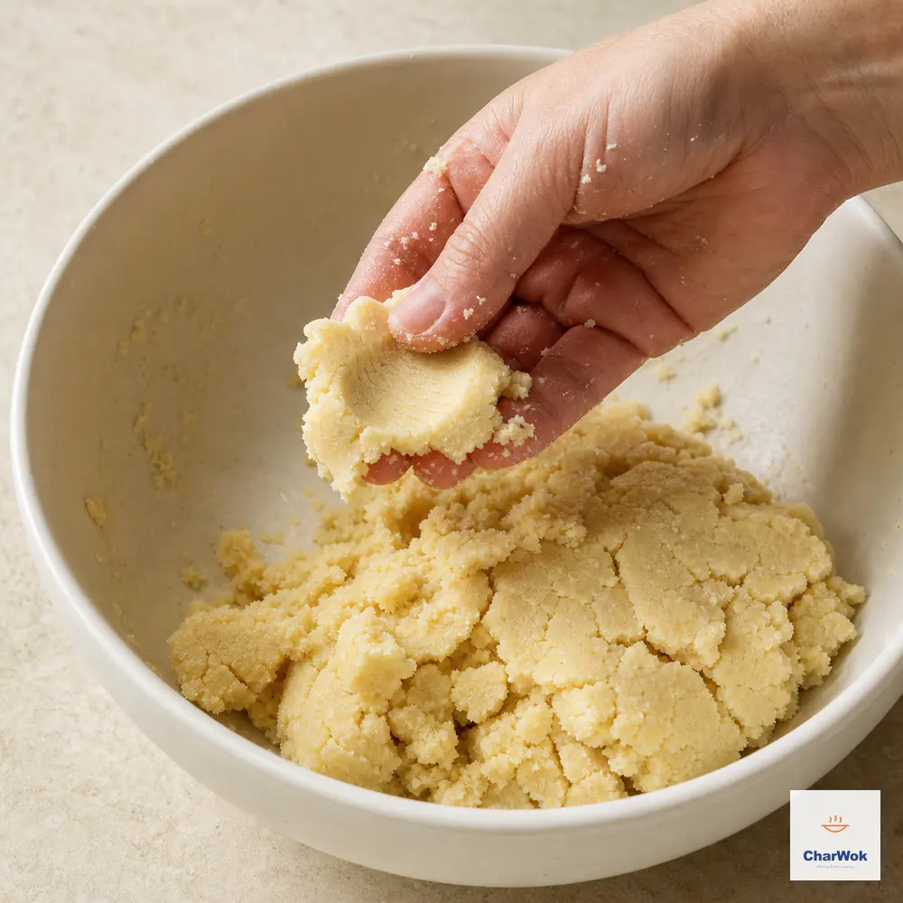 A hand holds a squeezed almond-cookie mixture clump with a clear thumb indentation above a rough cracked mass that remains crumbly rather than smooth