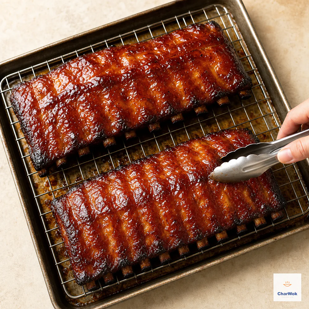 Tongs inspect two whole honey-lacquered rib racks with glossy red-brown surfaces and only small dark char spots along their outer edges