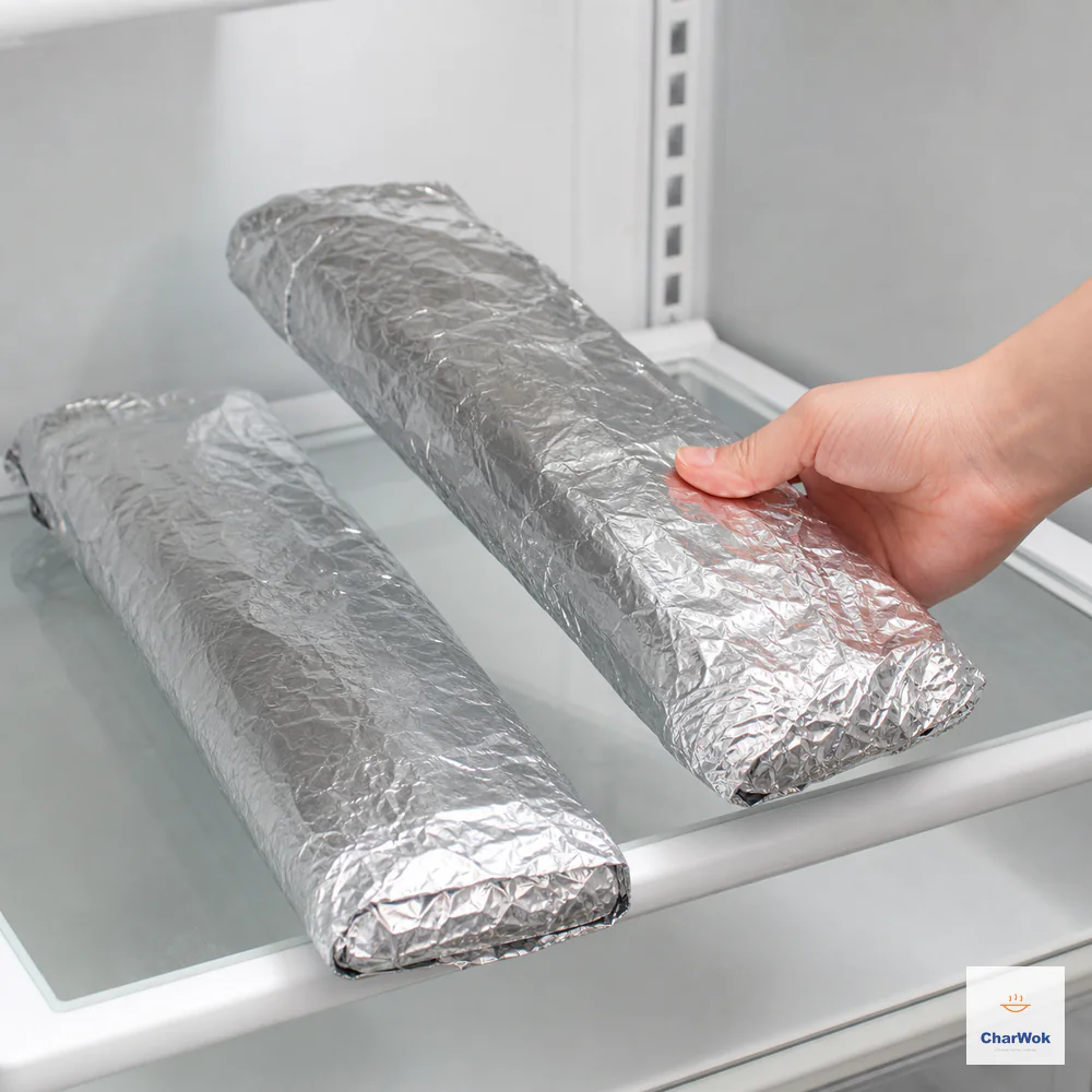 A hand places a second long tightly double-foil-wrapped rib parcel beside the first on a clean refrigerator shelf