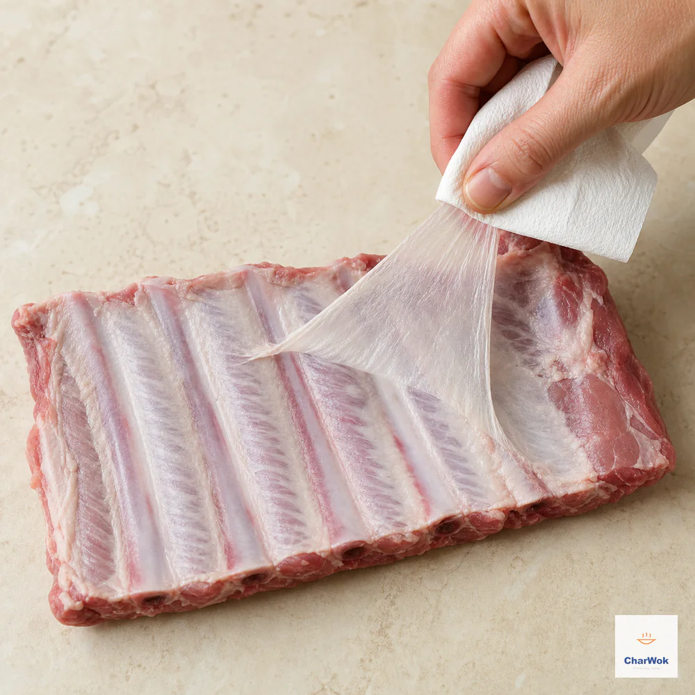 A paper towel grips the silver-white membrane on the bone side of a raw baby back rib rack and peels it away in one intact sheet