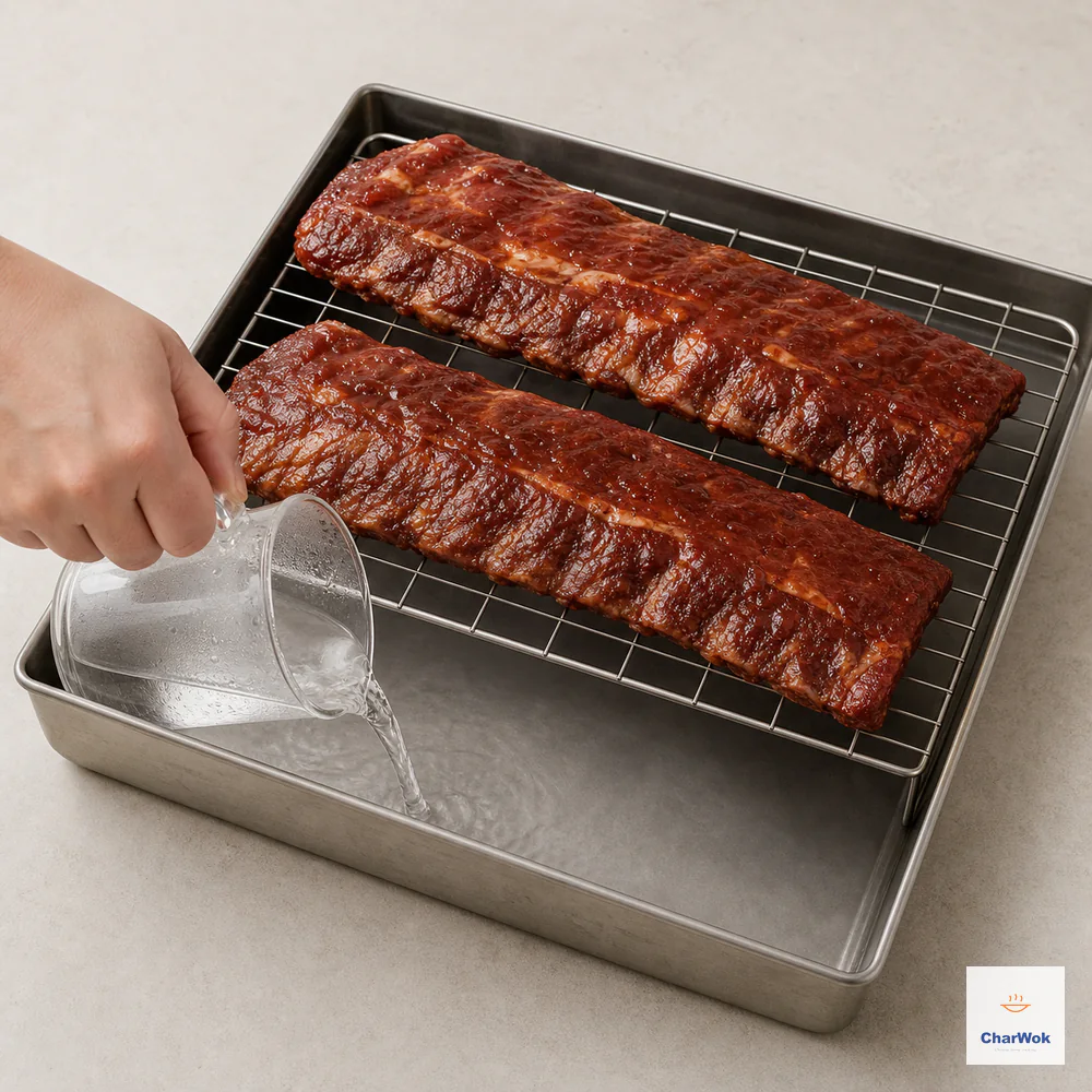 Hot water pours into a deep roasting tray beneath two unwrapped marinated rib racks elevated on a wire rack with a clear air gap