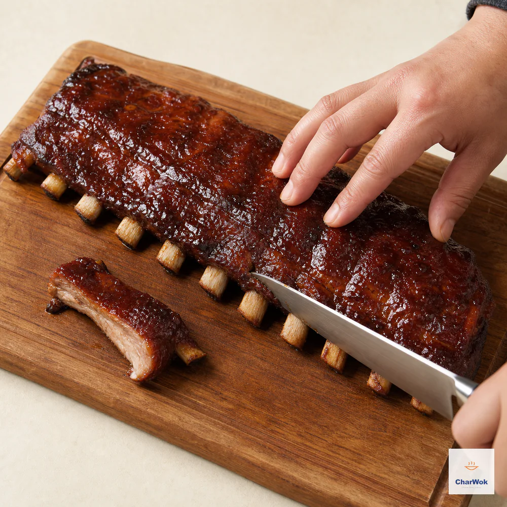 A chef knife cuts a rested glossy Chinese BBQ rib rack through the meat gap between two bones while one separated rib shows the juicy interior