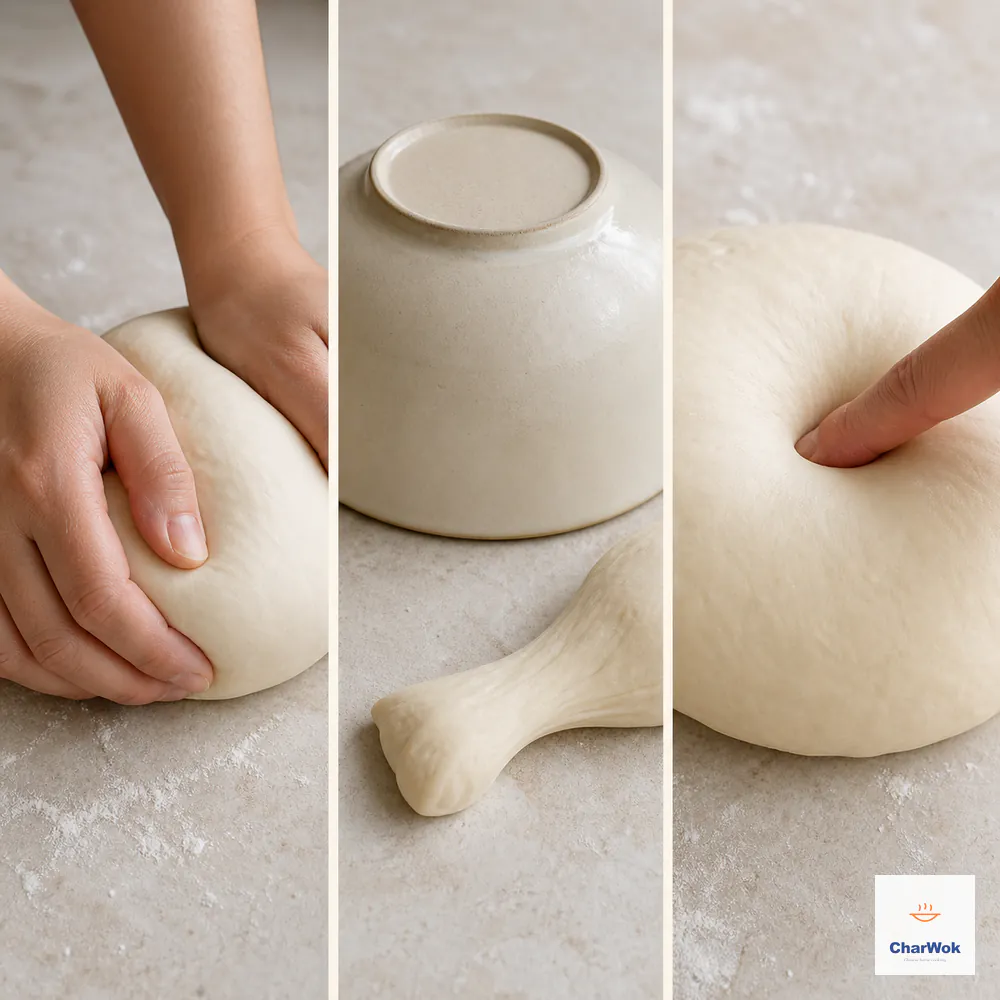 Three panels show smooth cohesive dough being kneaded, rested dough covered under a bowl beside an easily stretched piece, and a fingertip leaving a slow-rebounding proof indentation