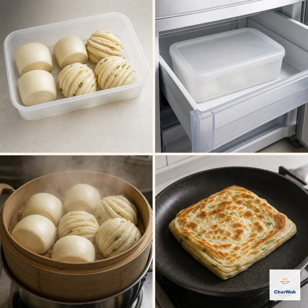 Four panels show cooled mantou and hua juan in a freezer container, the closed container in a freezer drawer, the breads re-steaming, and a layered scallion pancake reheating in a dry pan