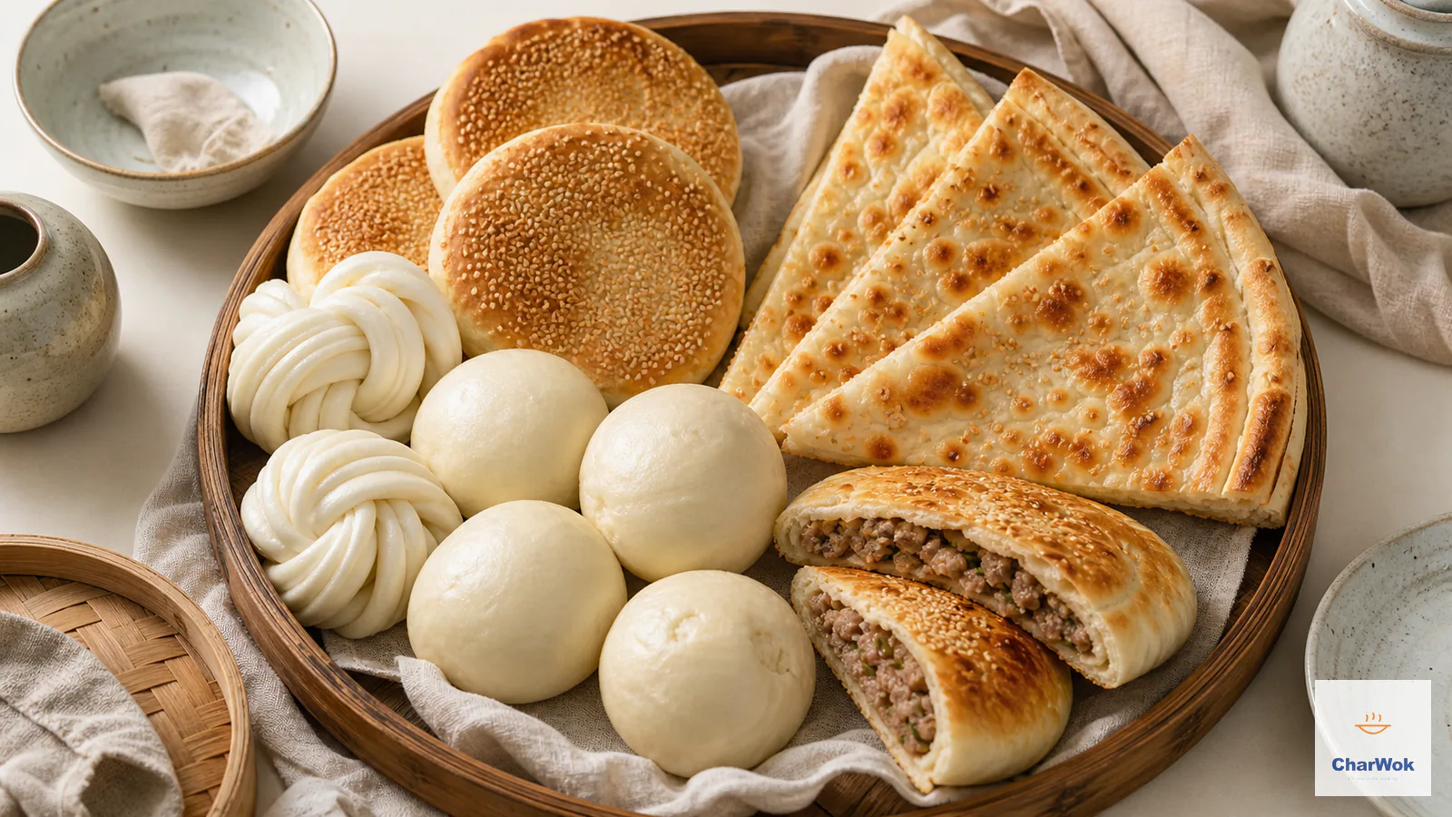 Chinese steamed, pan-cooked, and stuffed bread family platter