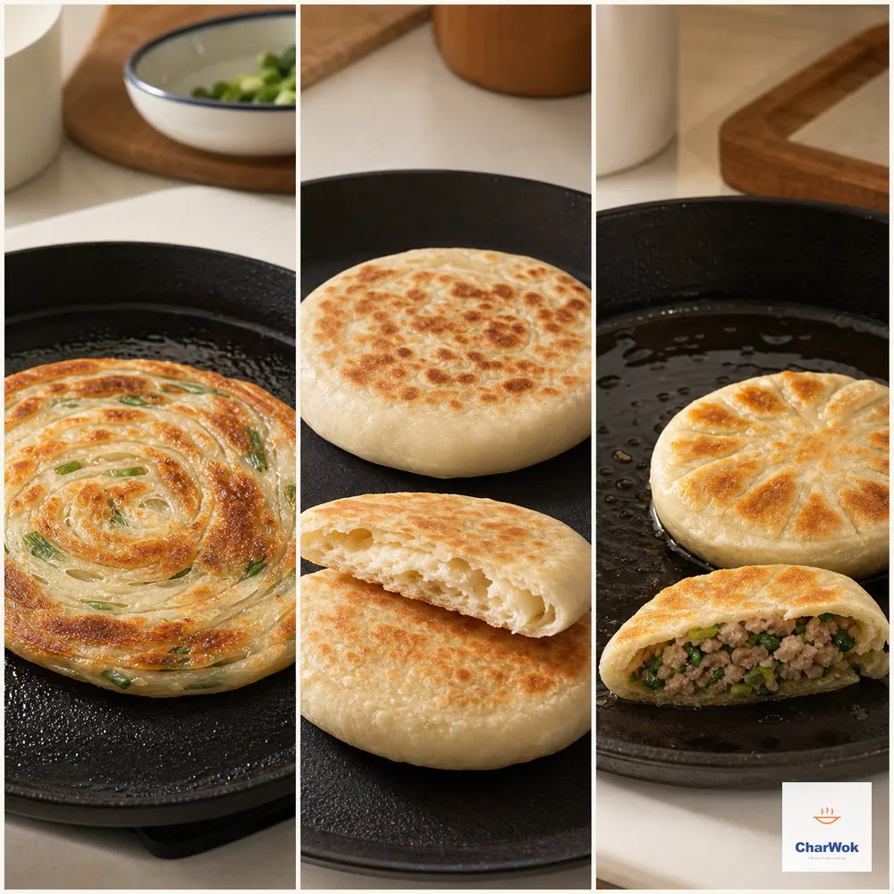 Three panels compare a crisp layered scallion pancake, a thick plain bing with soft chewy crumb, and a golden xian bing cut open to show cooked pork and chive filling