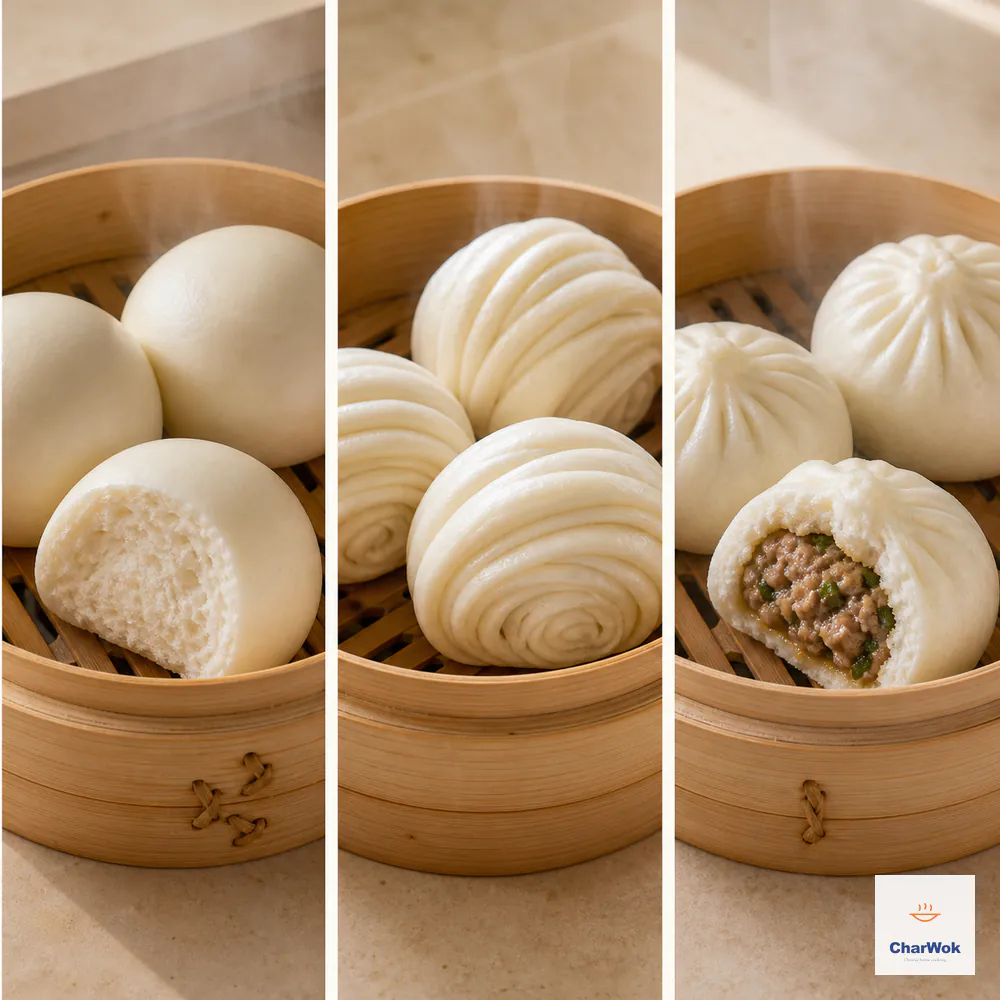 Three panels compare smooth white mantou with a fine torn crumb, layered twisted hua juan, and pleated baozi cut open to show cooked pork and scallion filling