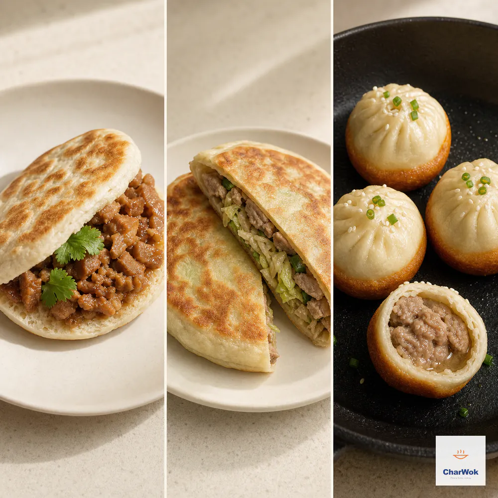 Three panels show rou jia mo filled with chopped braised pork, a cut pork-and-napa xian bing, and three whole crisp-bottomed sheng jian bao beside one cooked cut half