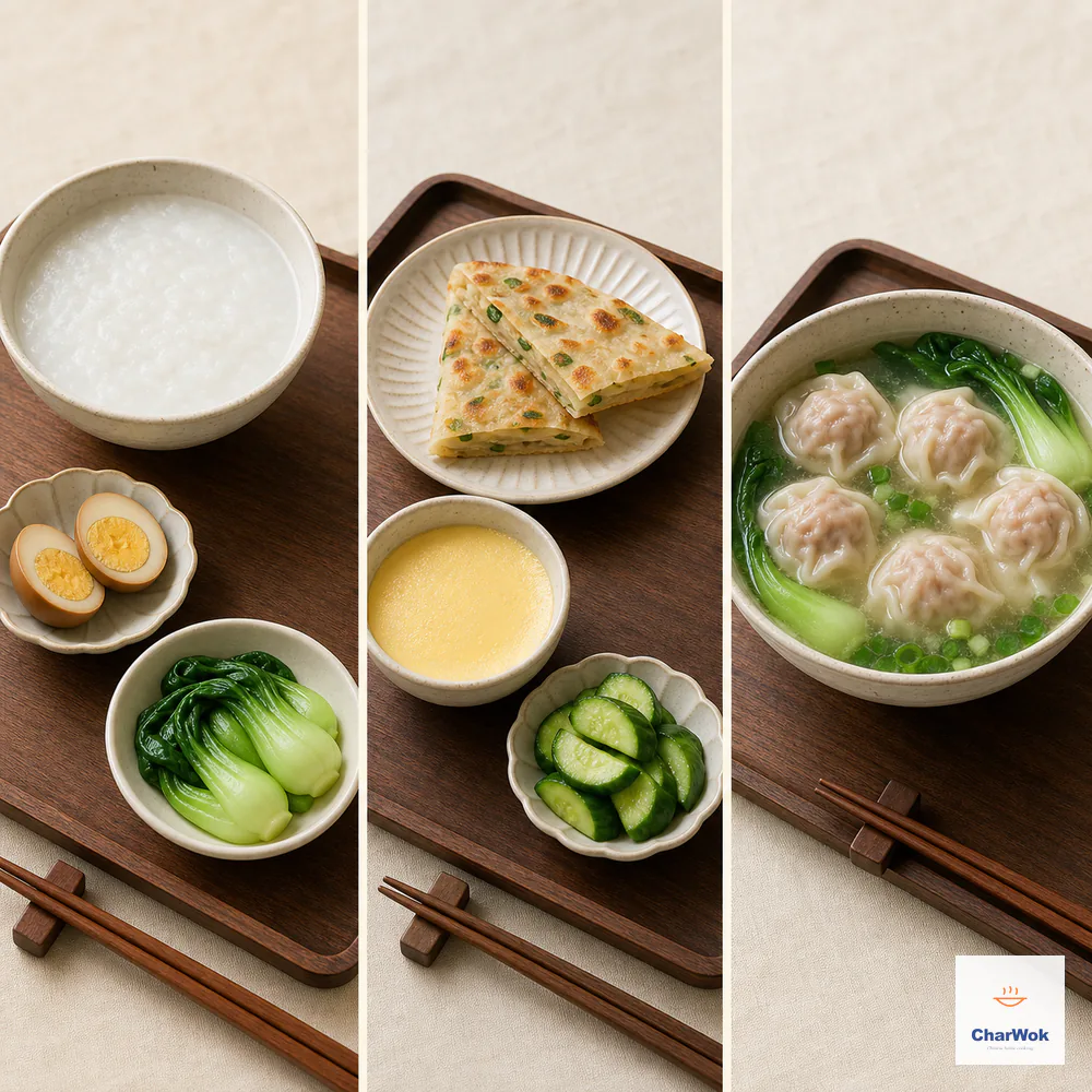 Three complete breakfast trays pair congee with tea egg and bok choy, scallion pancake with steamed egg and cucumber, and five pork-and-vegetable wontons with bok choy in clear soup