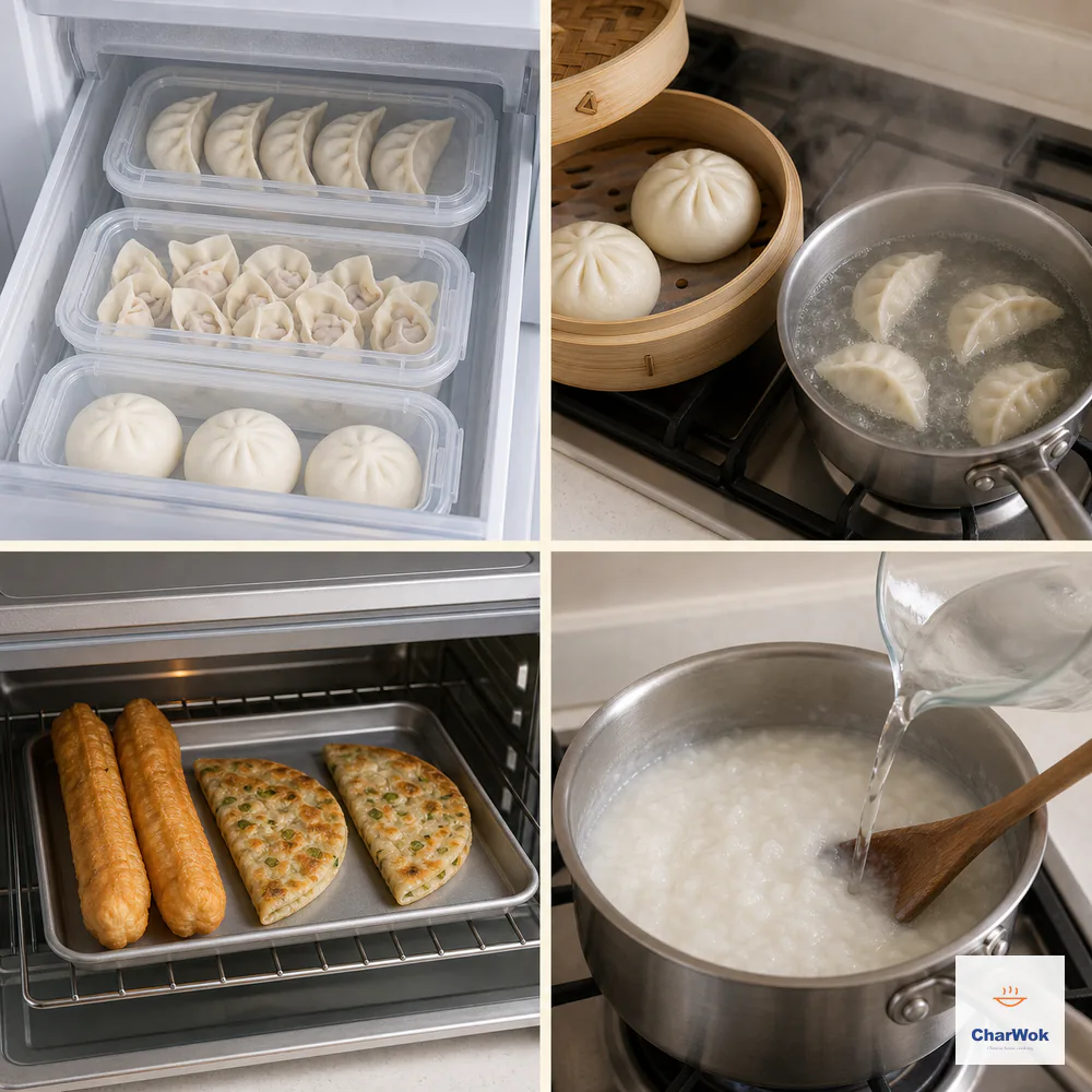 Four panels show sealed containers of frozen dumplings, wontons, and bao, buns steaming and dumplings boiling from frozen, youtiao and scallion-pancake wedges re-crisping in an oven, and congee loosening with water over gentle heat