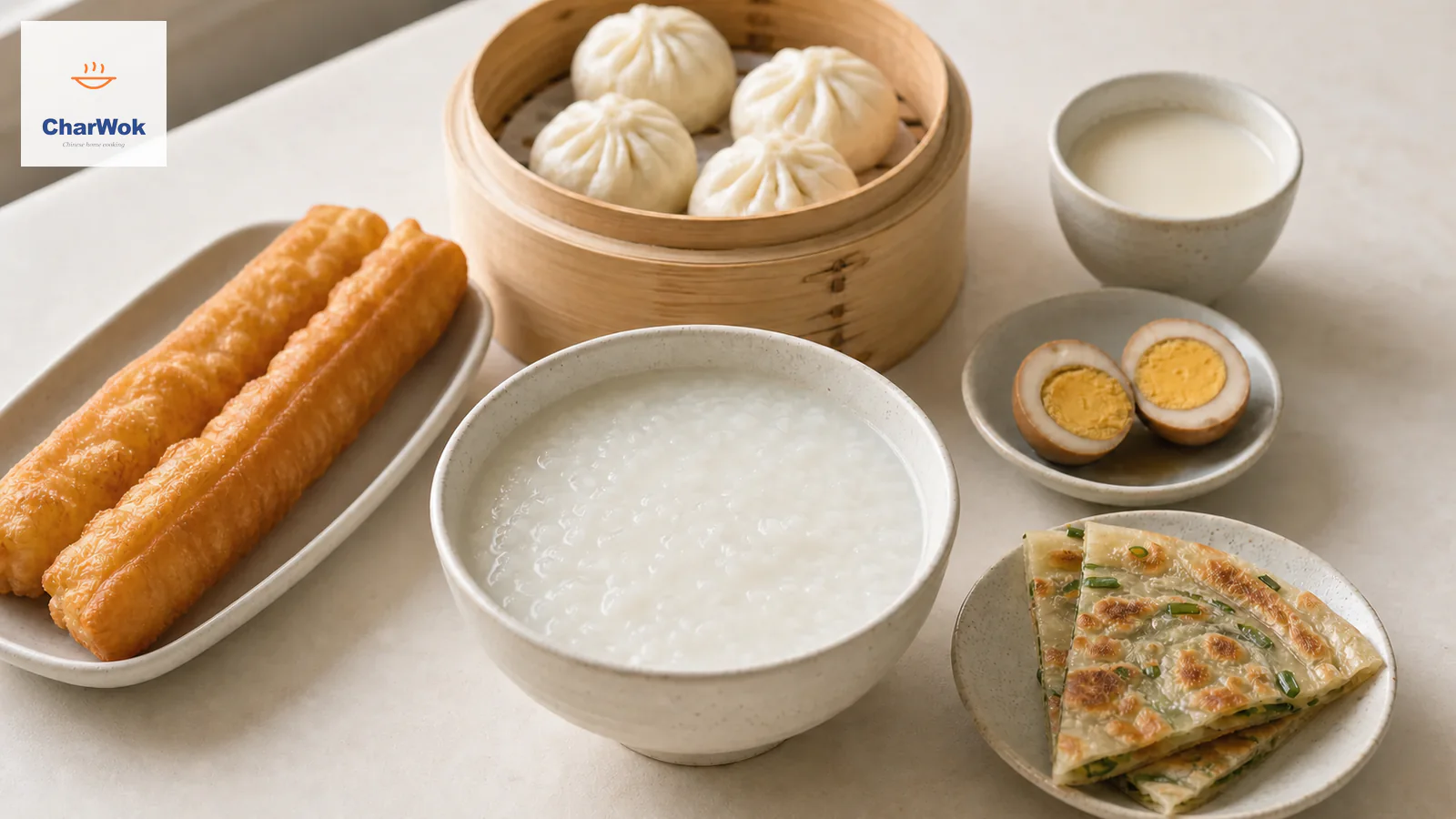 Youtiao, bao, congee, egg, and scallion pancake