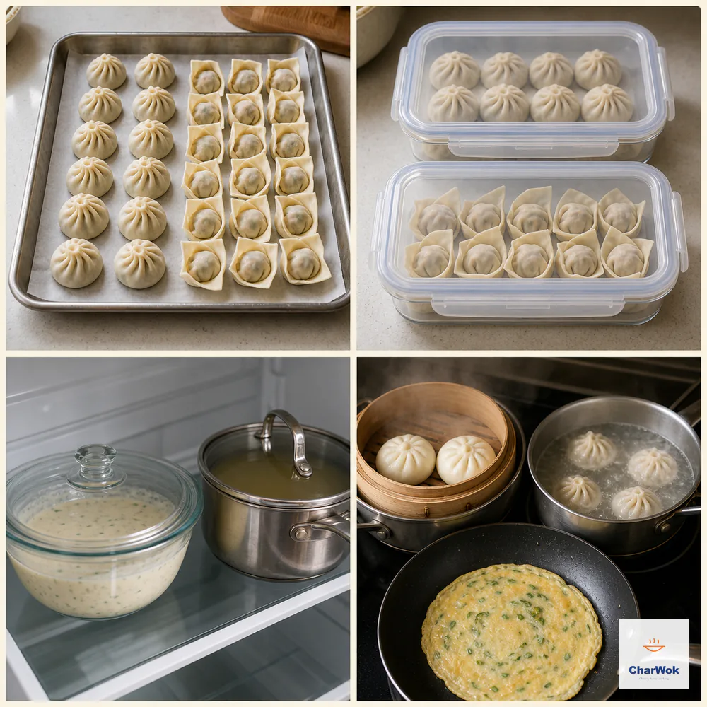 Four panels show raw bao and wontons freezing separately on a tray, sealed freezer containers, covered batter and stock in the refrigerator, then frozen buns steaming, dumplings boiling, and an egg-scallion crepe cooking