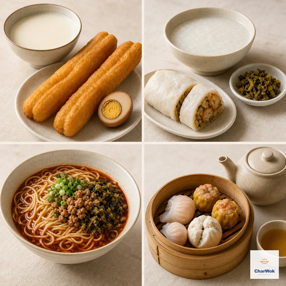Four panels compare northern soy milk with youtiao and tea egg, Shanghai-style congee with fan tuan and pickles, Chongqing chili-oil noodles, and Cantonese har gow, siu mai, char siu bao, and tea