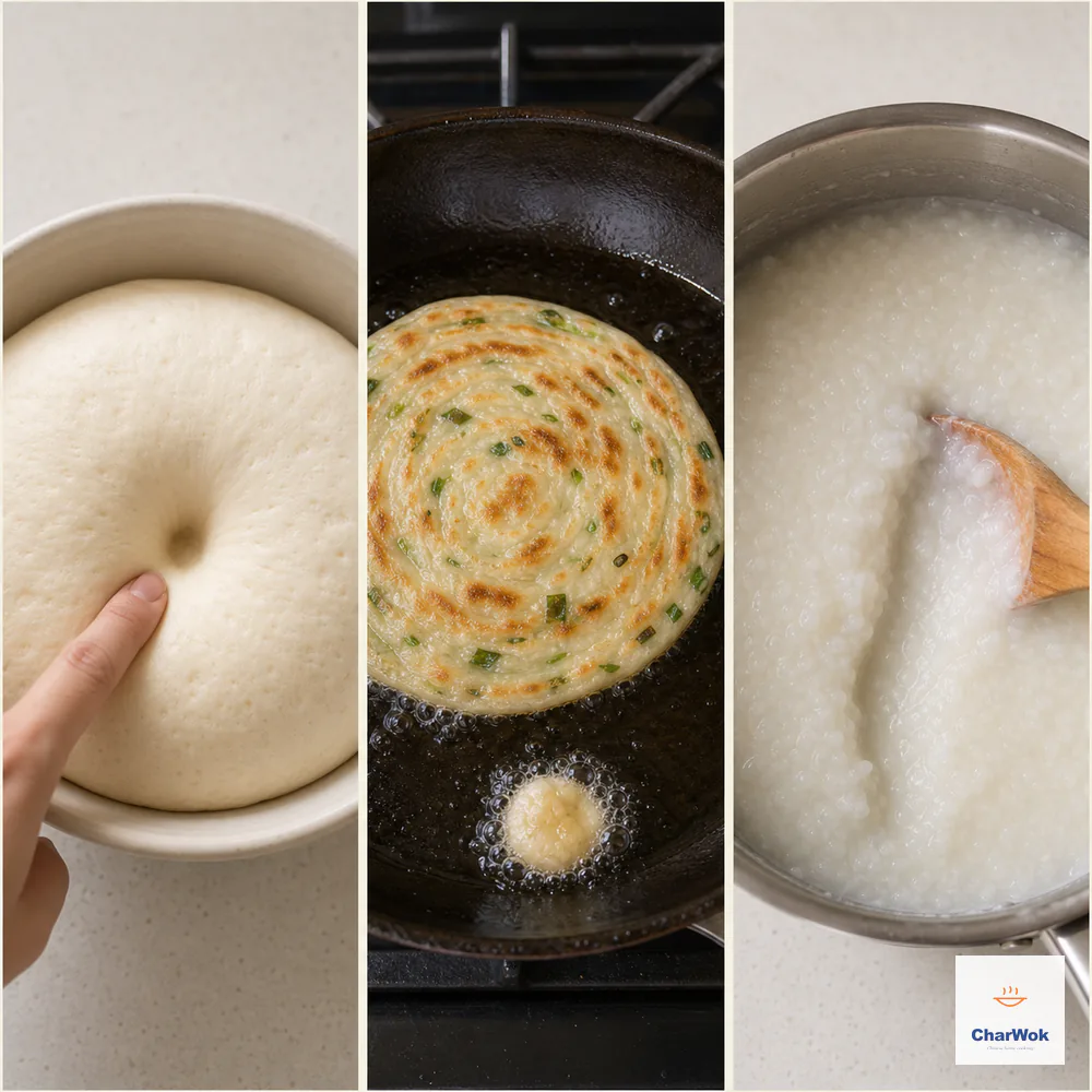 Three panels show a proofed dough indentation that stays visible, a bubbling pale dough scrap beside a golden scallion pancake in a shallow oil film, and thick congee whose spoon channel closes slowly