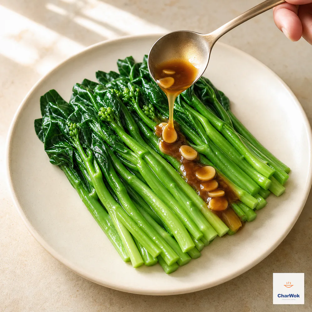 Thin glossy brown sauce and a few garlic slices pour down the centre of whole blanched gai-lan stalks aligned on an ivory plate