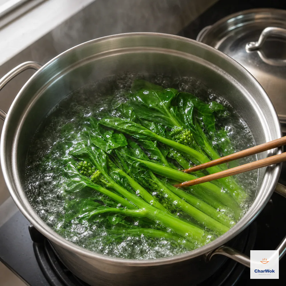 Whole bright-green gai-lan stalks are fully immersed with chopsticks in a large pot at a vigorous rolling boil