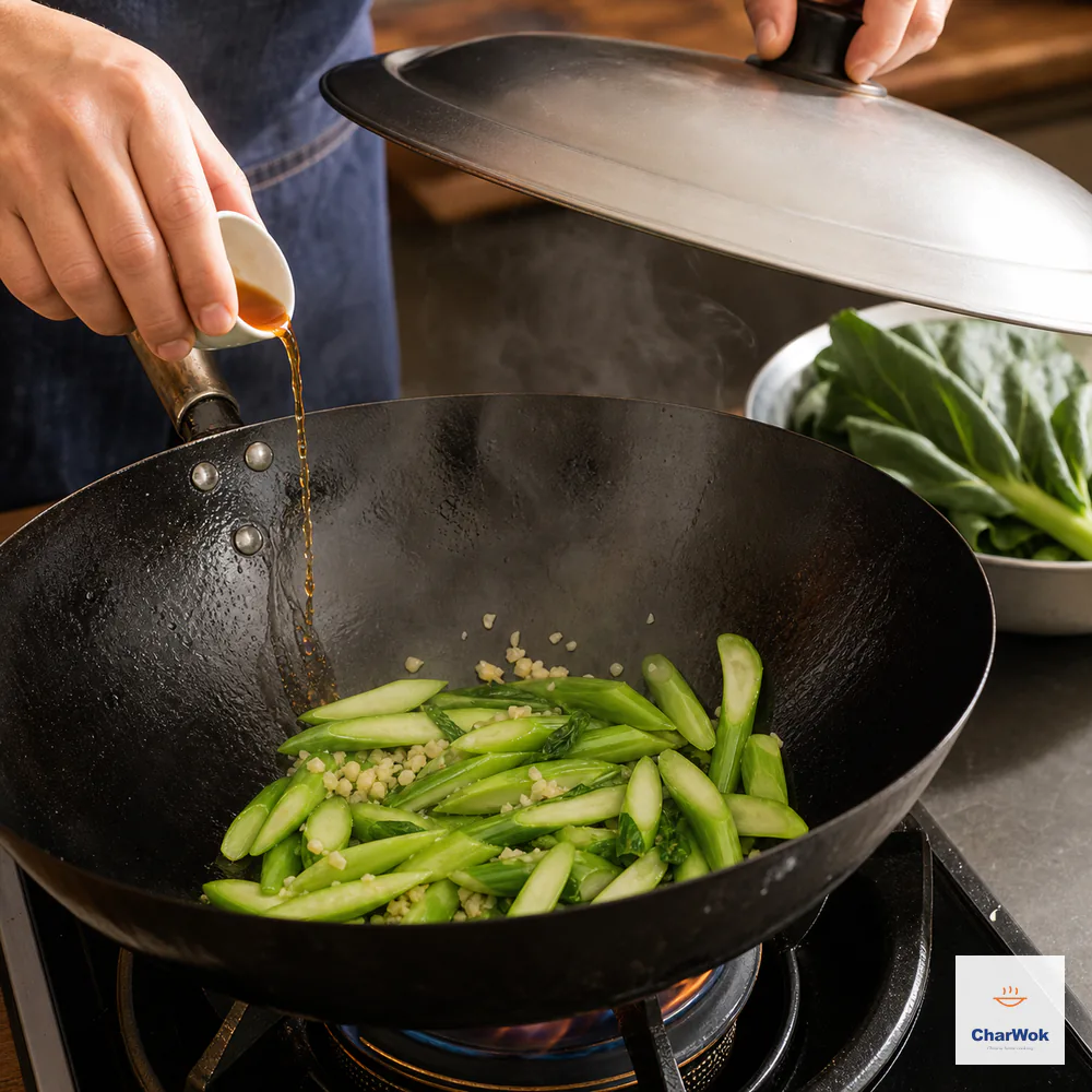 Shaoxing wine pours down the bare hot wok wall beside bright diagonal gai-lan stems while a lid is held ready and the leaves wait outside