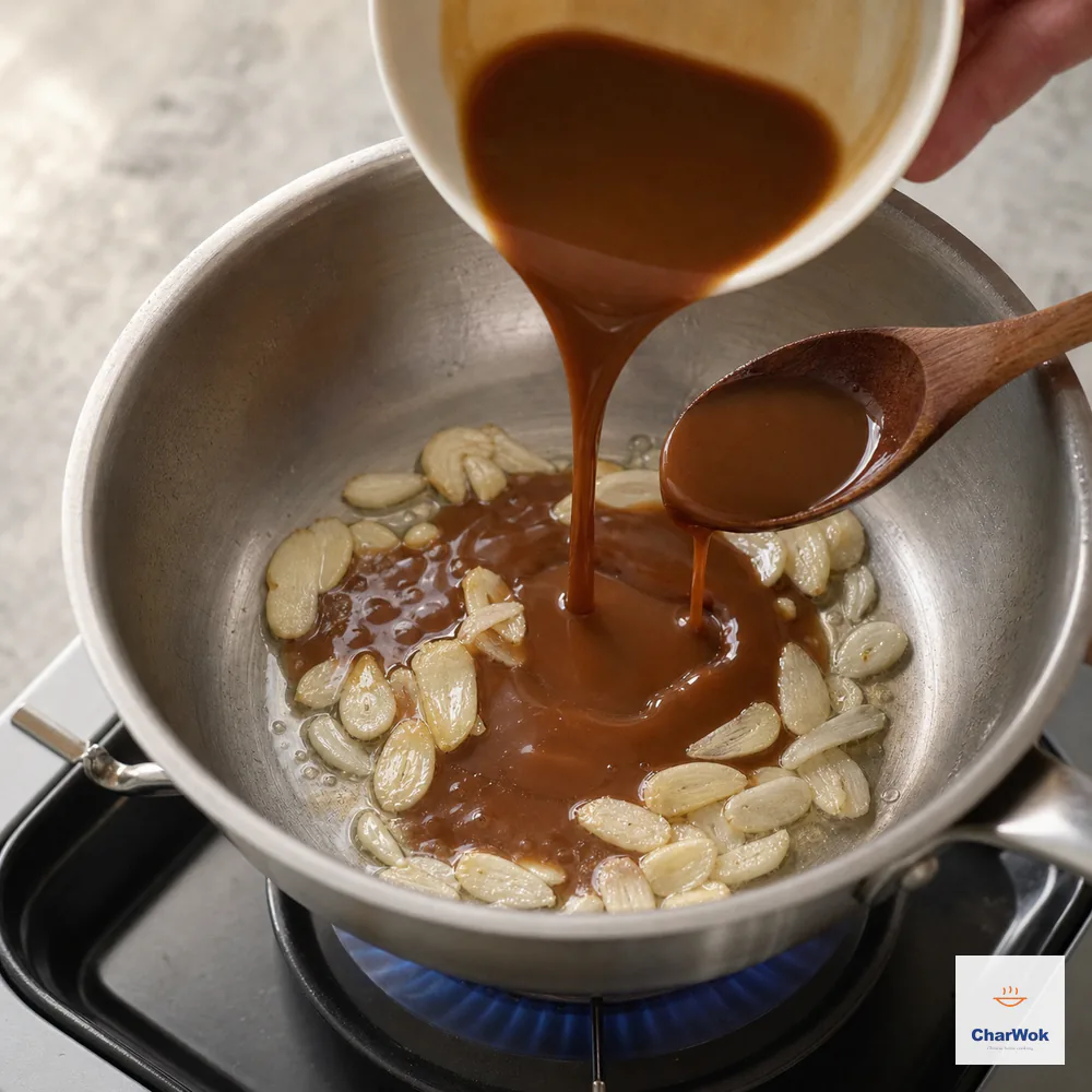 Pale sliced garlic sizzles in a small saucepan as smooth brown oyster sauce pours in beside a spoon coated with a thin flowing glaze