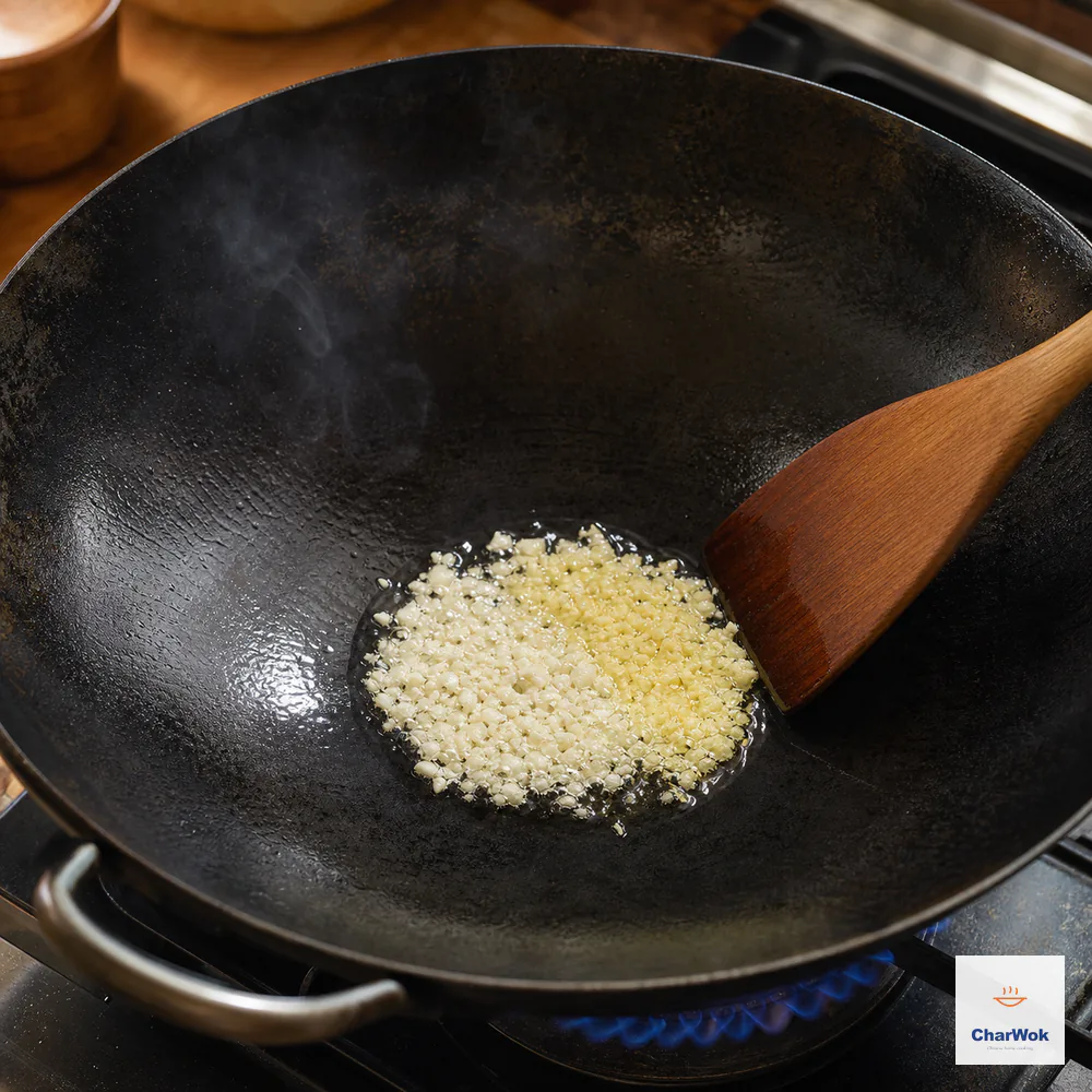 Equal small piles of pale minced ginger and garlic sizzle in neutral oil at the centre of a faintly smoking carbon-steel wok