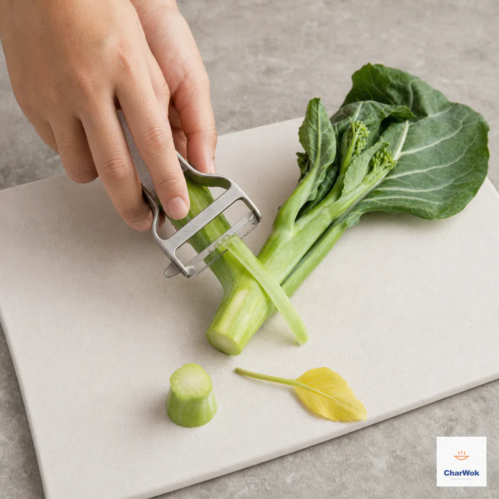 A hand uses a vegetable peeler to remove a fibrous strip from the tough lower gai-lan stem beside trimmed ends and a yellow leaf