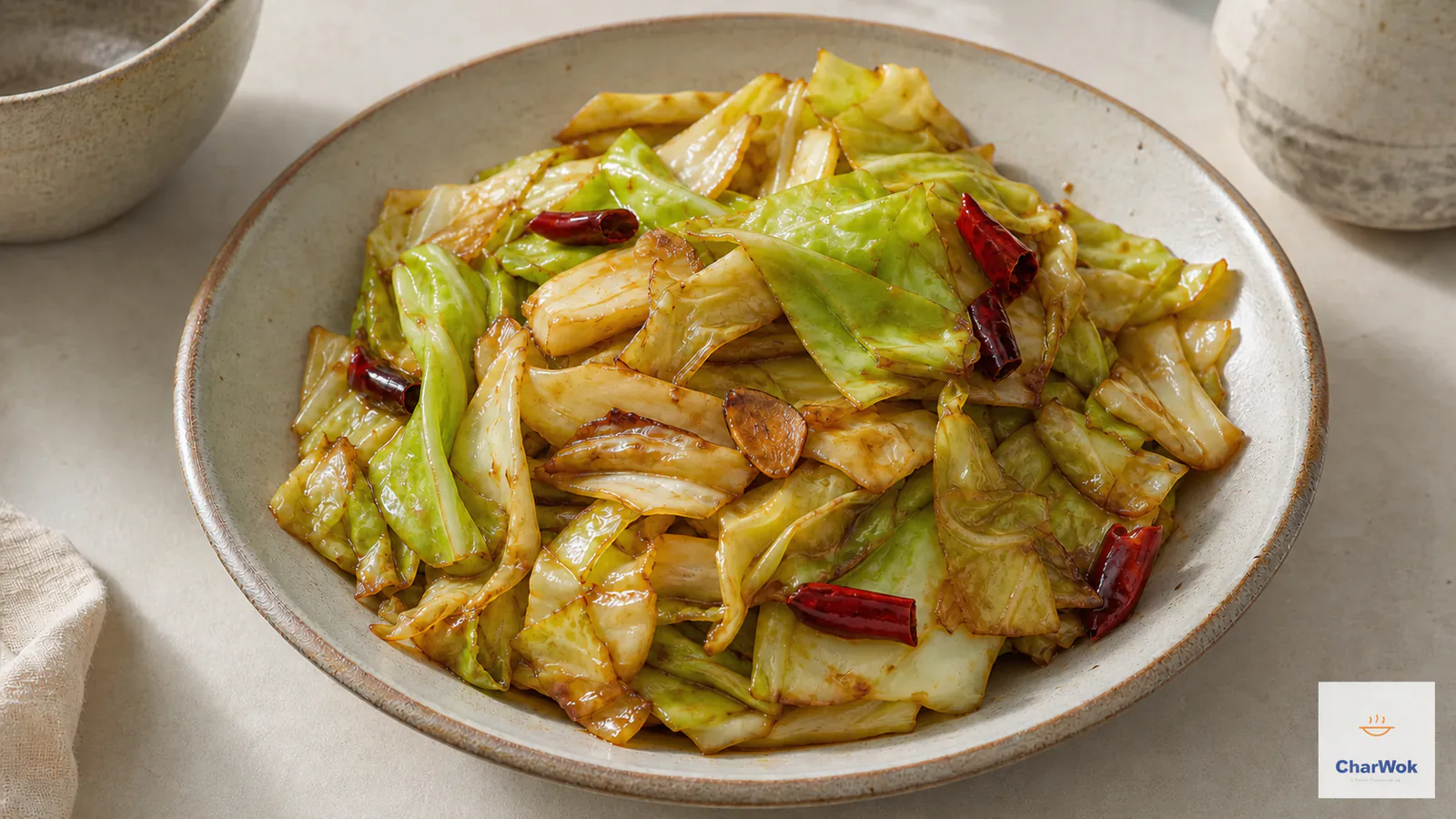 Dry high-heat Chinese cabbage stir-fry with garlic and dried chillies
