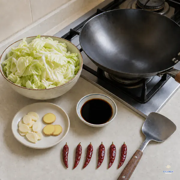 A complete cabbage stir-fry mise en place with raw hand-torn cabbage, exactly six whole dried red chillies, sliced garlic, three ginger coins, measured seasoning, and an empty wok