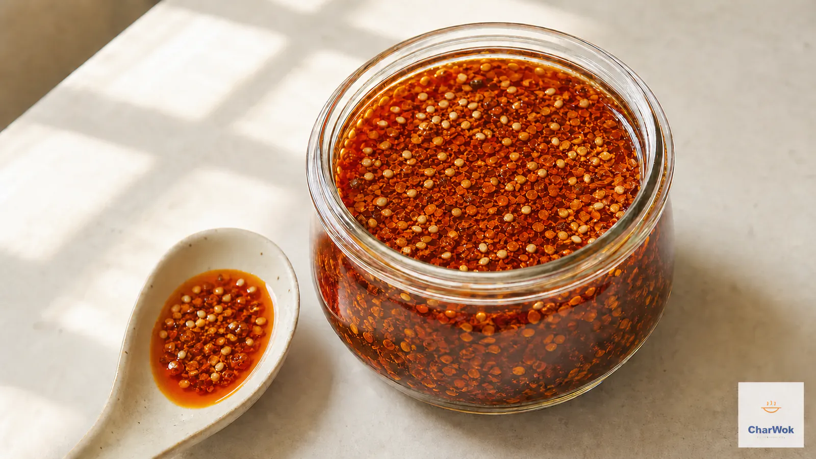 Homemade Chinese chilli oil with chilli flakes and toasted sesame