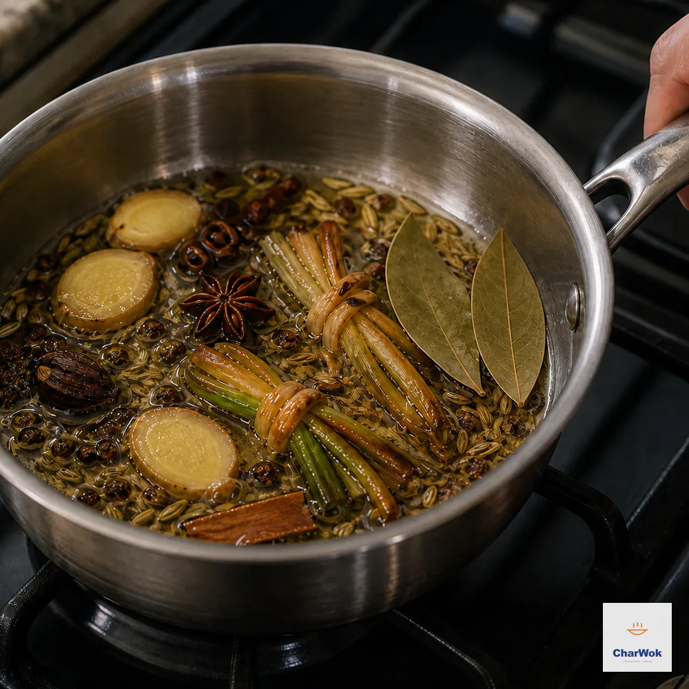 Two scallion knots have reached warm golden brown among ginger and whole spices in gently bubbling pale oil as a hand turns off the burner