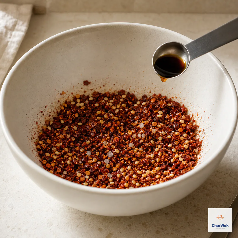 A teaspoon of dark vinegar lightly dampens coarse chilli flakes, fine chilli powder, toasted sesame seeds, and salt in a dry heatproof bowl without pooling