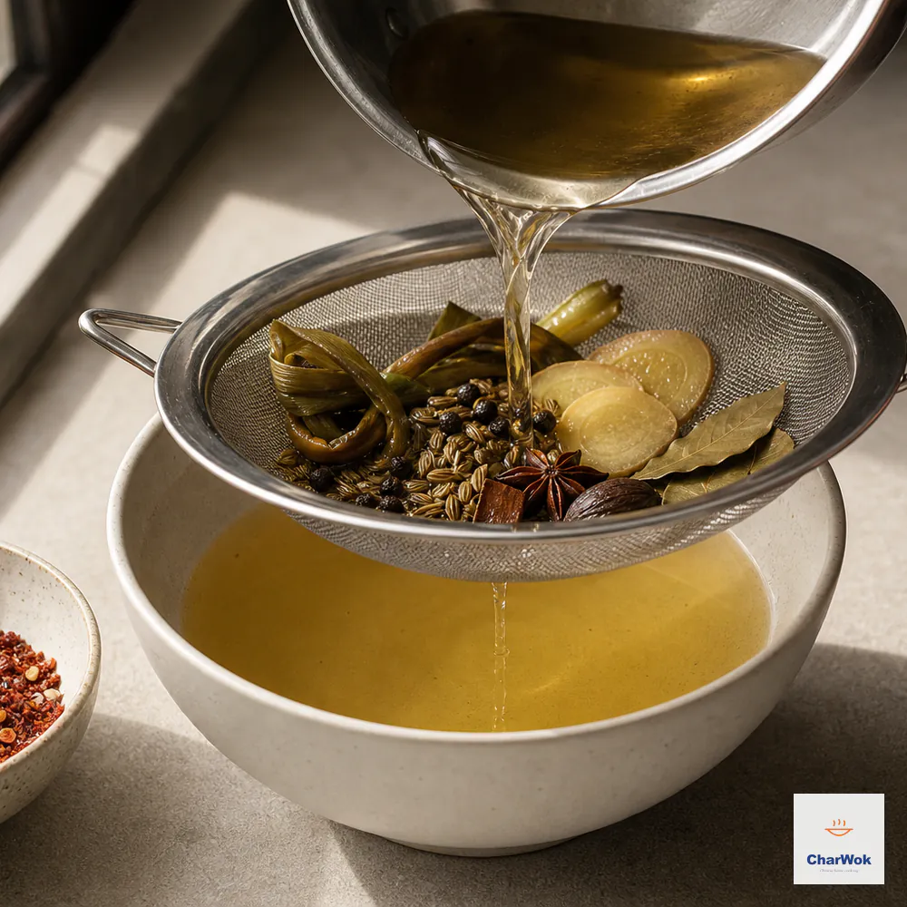Pale fragrant oil pours through a fine-mesh strainer into a completely dry bowl while every scallion, ginger slice, and whole spice remains in the mesh