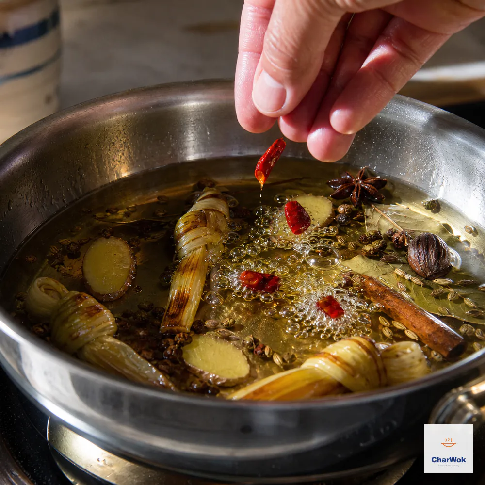 Three coarse chilli flakes spin and bubble energetically in the aromatic oil as a visual test of the correct heat