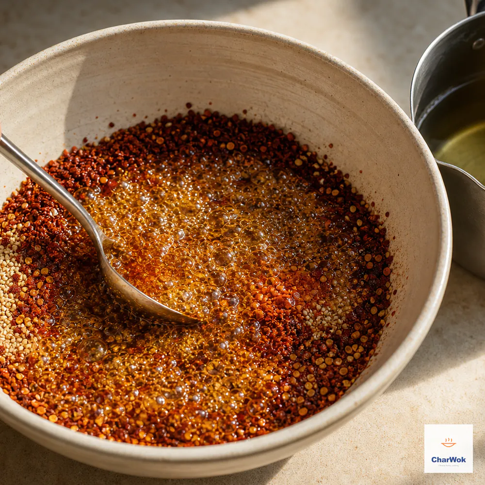 The first half of clean hot oil bubbles vigorously over the chilli and sesame mixture while the remaining clear oil waits in a small saucepan