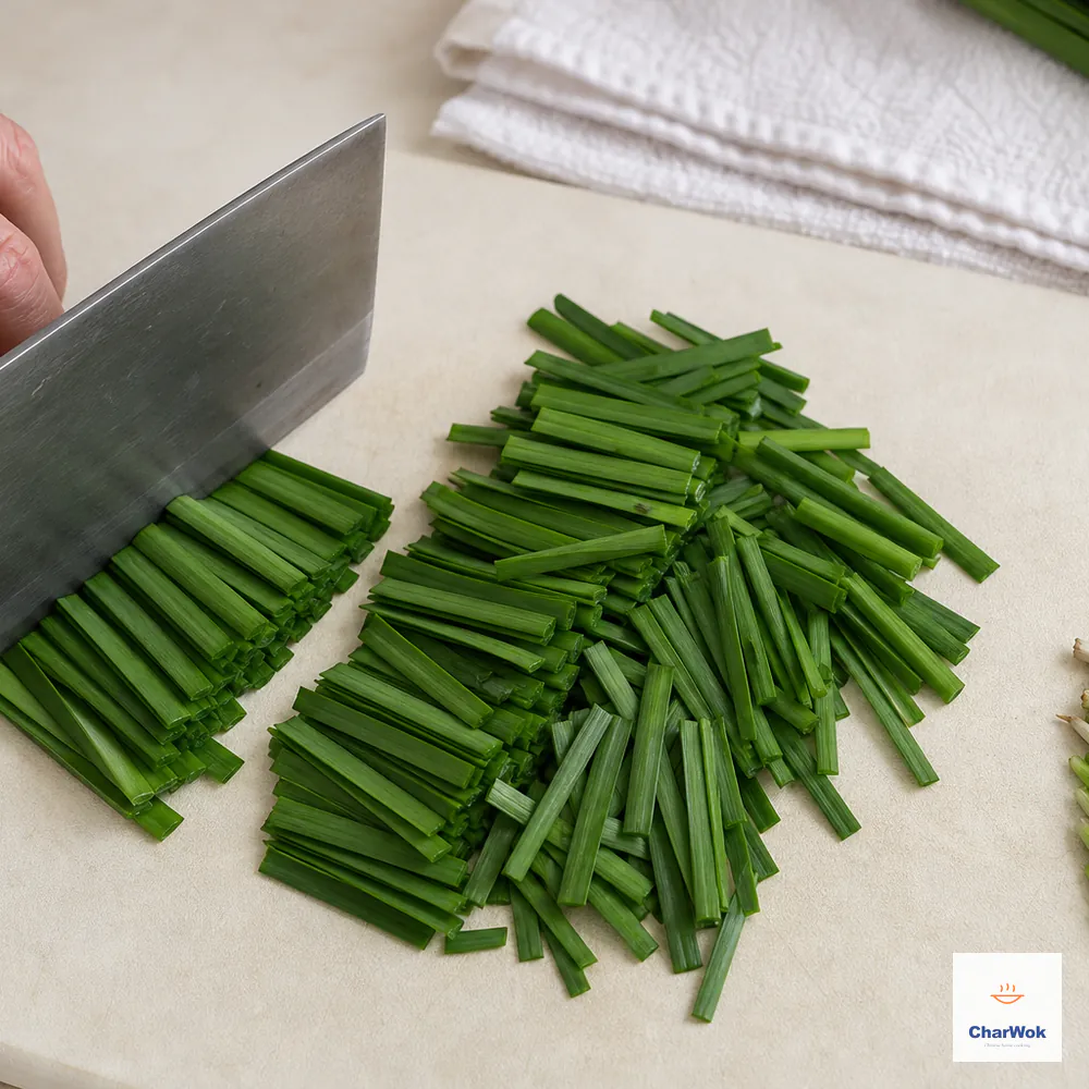 Completely dry flat Chinese garlic chives are cut cleanly into short sections with the small tough root ends separated
