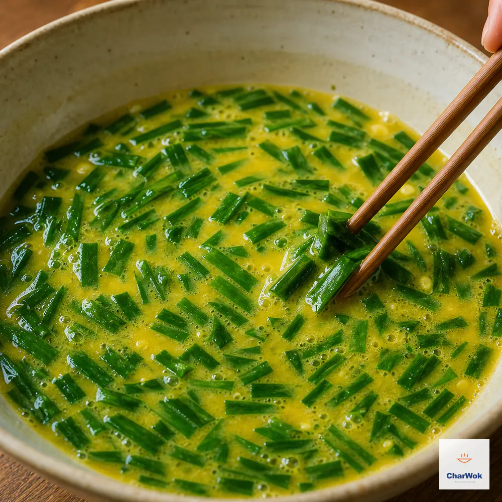 Short flat chive sections and salt are folded into four lightly beaten glossy eggs with only a few tiny bubbles and no pale foam