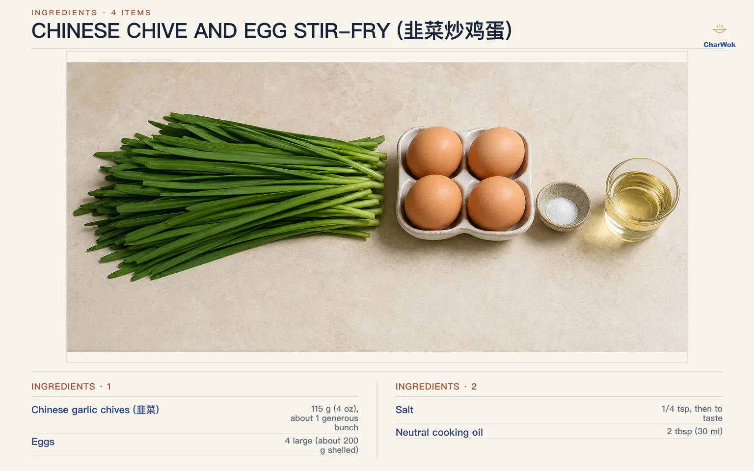 Chinese chive and egg stir-fry ingredients labeled in English for 2 servings: 115 g or 4 oz Chinese garlic chives, 4 large eggs or about 200 g shelled, quarter teaspoon salt then more to taste, and 2 tablespoons or 30 ml neutral cooking oil