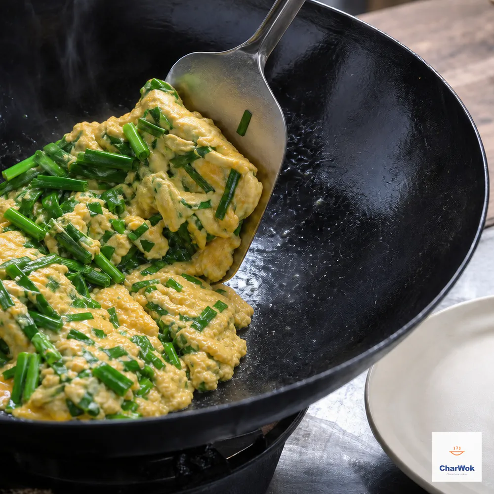 A broad spatula pushes two or three large tender chive-and-egg folds up the wok side with only small glossy wet streaks remaining
