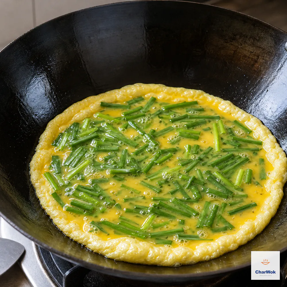 One round chive-and-egg sheet cooks untouched in a wok with a puffed golden lacy edge and a glossy liquid centre