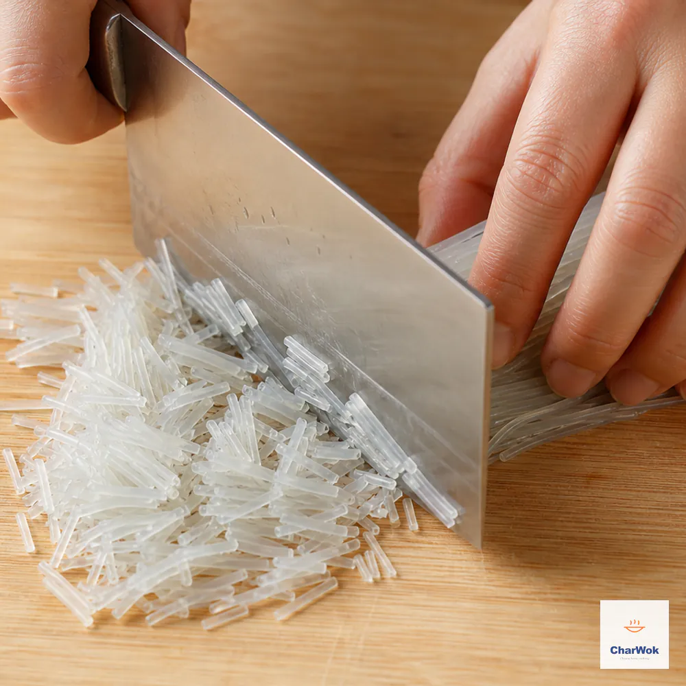 Rinsed and drained translucent mung-bean vermicelli is chopped crosswise into very short pieces with a Chinese cleaver