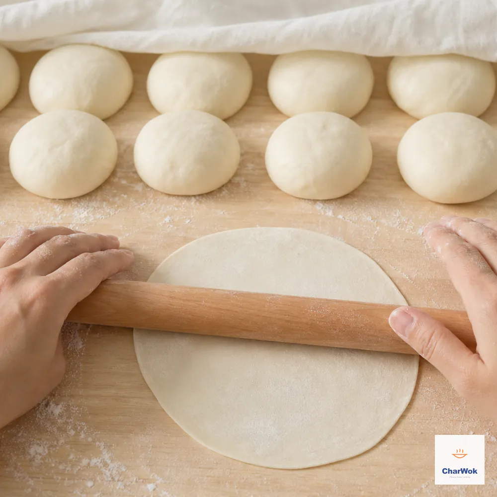 Eleven equal dough portions wait under a cloth while the twelfth is rolled into a 15-centimetre round with a thinner edge and sturdier centre