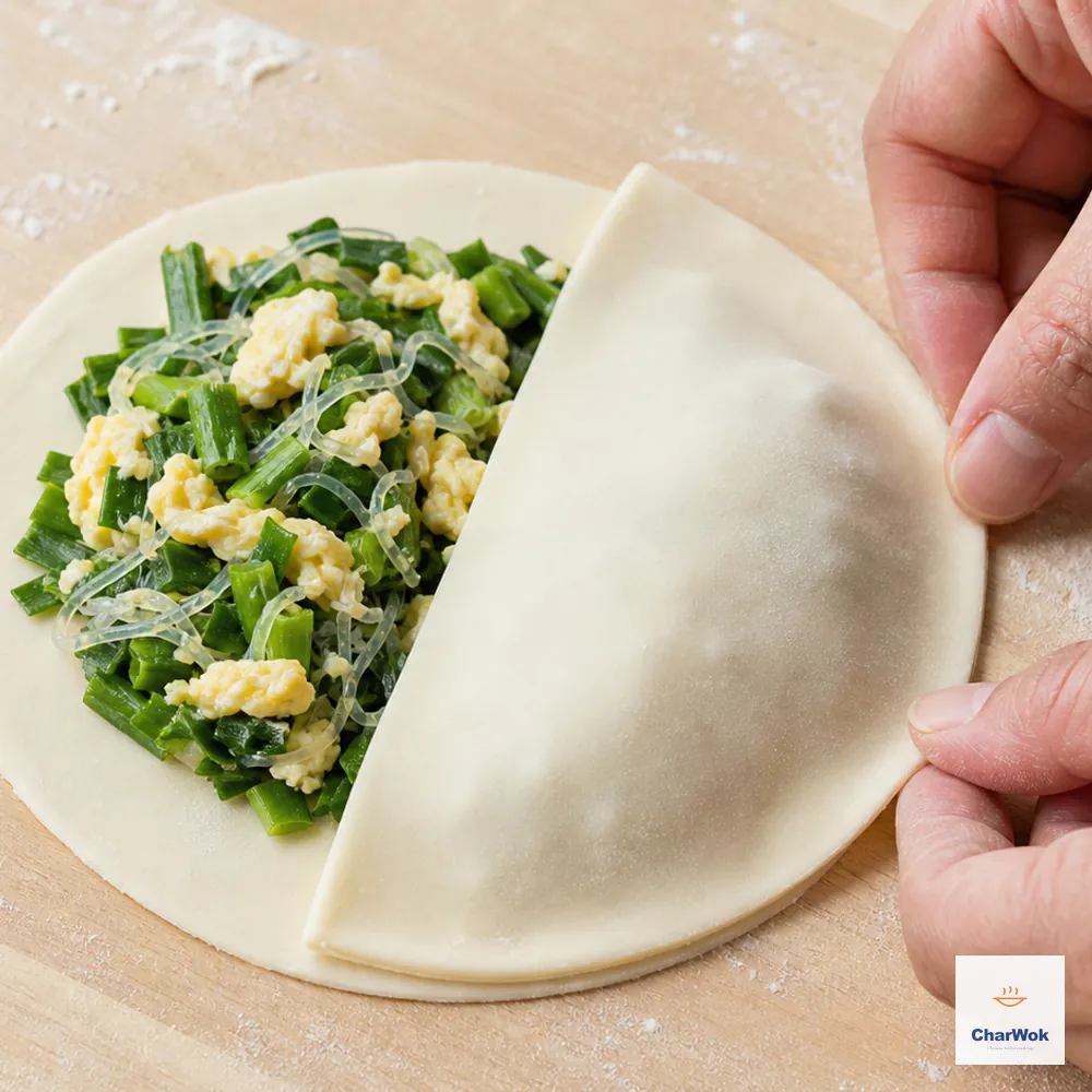 A mound of chive, egg, and vermicelli filling sits on half a round wrapper as the other half folds over into a semicircle