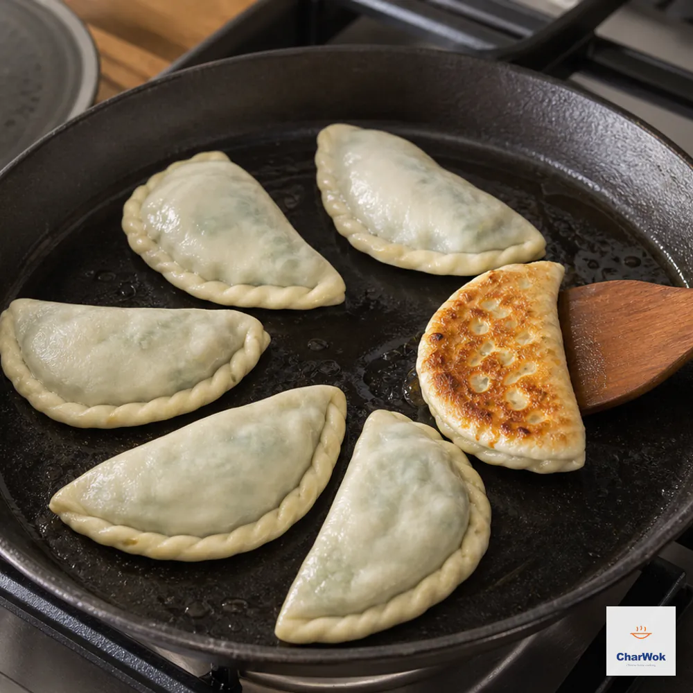 Six half-moon chive pockets fry in a skillet beside the removed lid as one is flipped to reveal an evenly deep-golden first side
