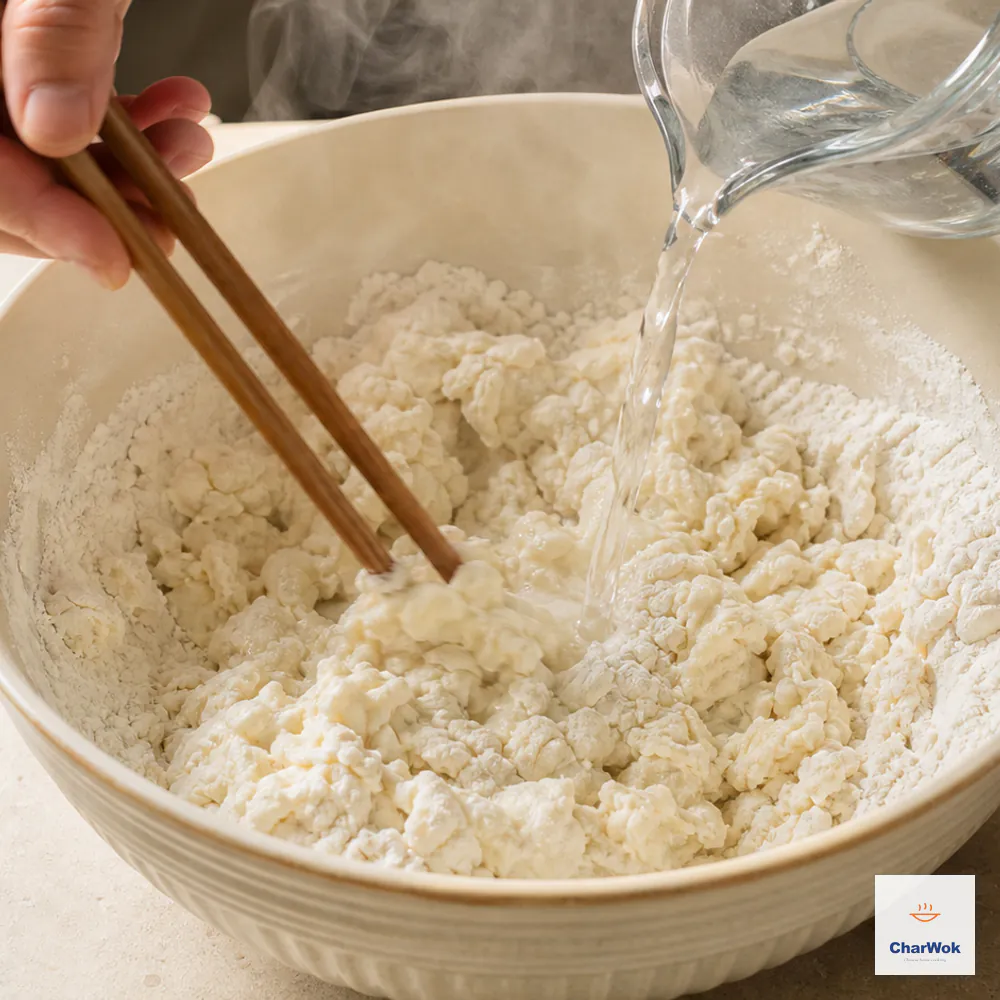 Steaming just-boiled water is poured into all-purpose flour while chopsticks rapidly stir it into many small shaggy lumps