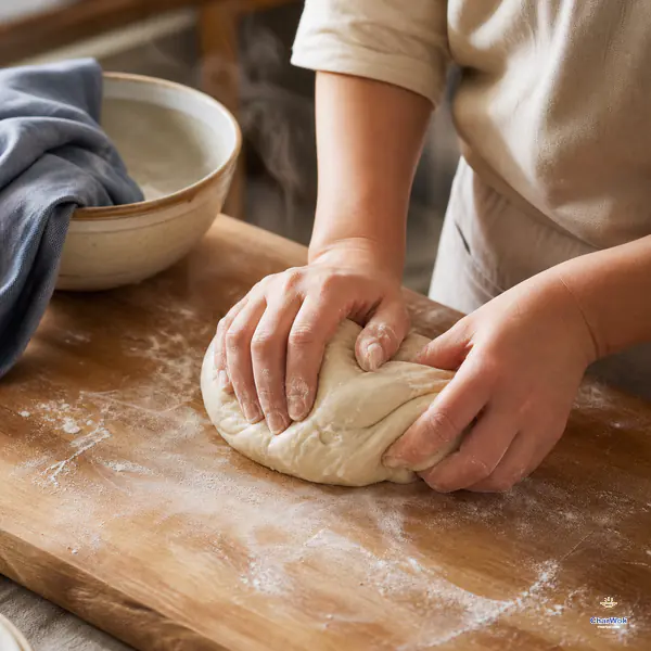 Two hands push and fold a still-warm hot-water dough into a smooth soft ball on a lightly floured wooden board