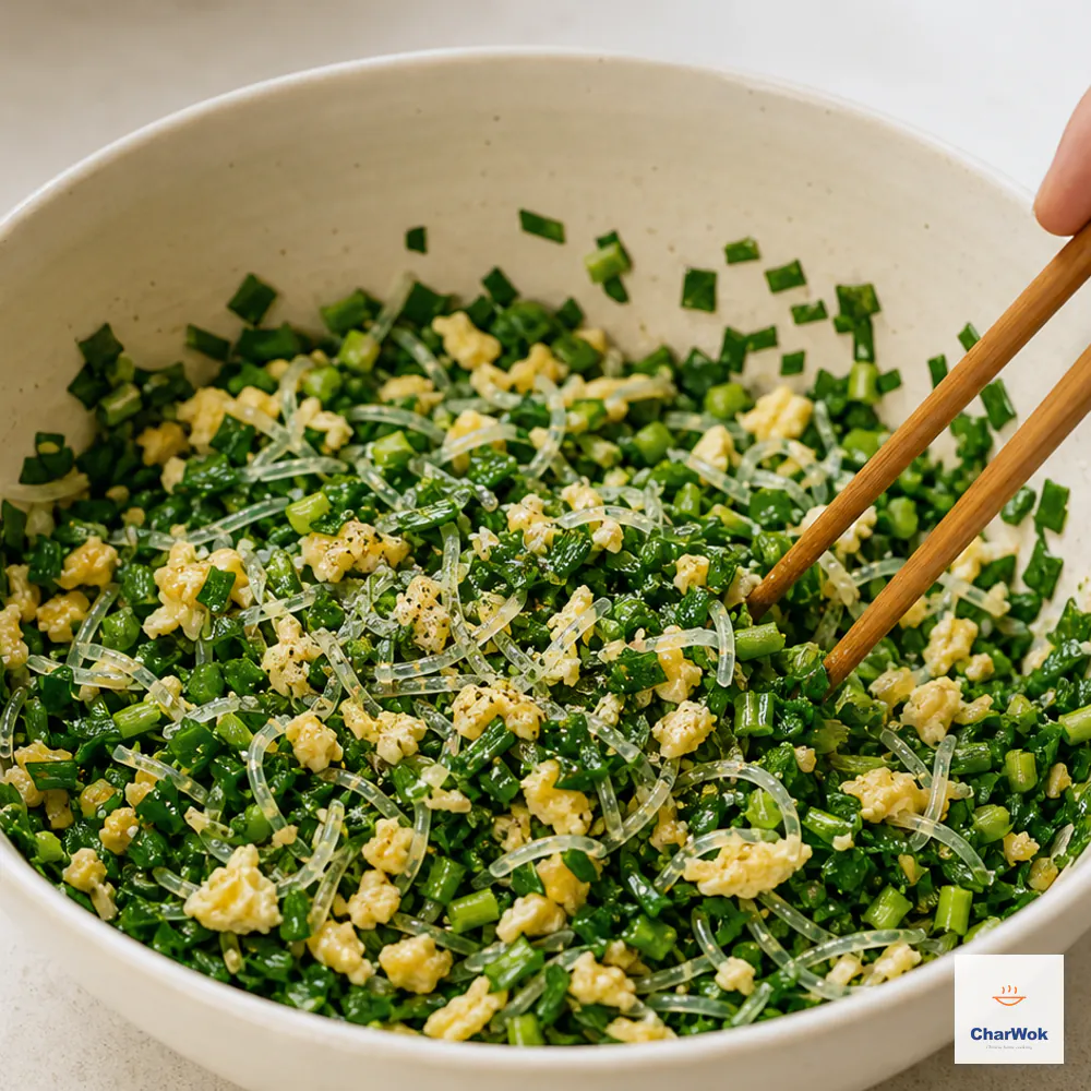 Fresh chopped Chinese chives, soft egg pieces, short glass noodles, salt, and ground Sichuan pepper are lightly tossed in a dry bowl