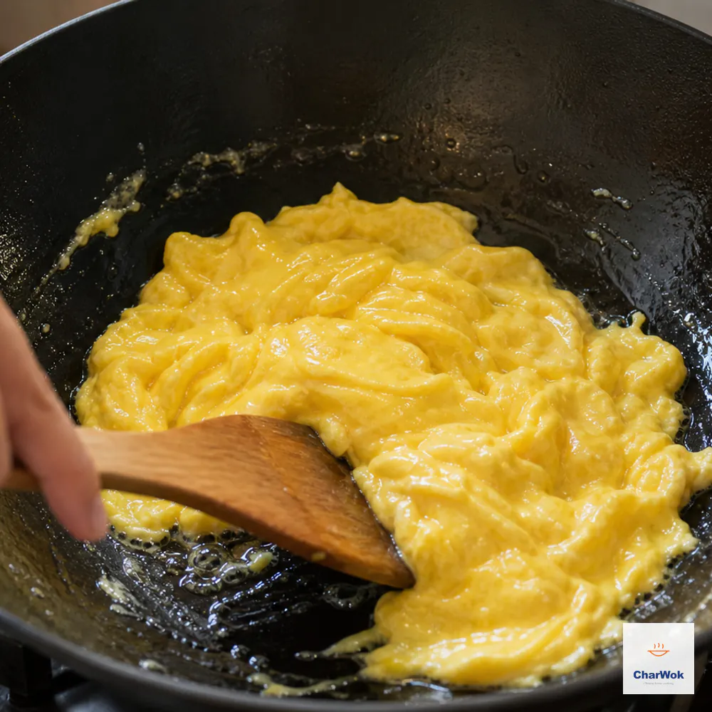 Four eggs form large soft glossy yellow curds in hot neutral oil as a wooden spatula gently pushes them through a dark skillet