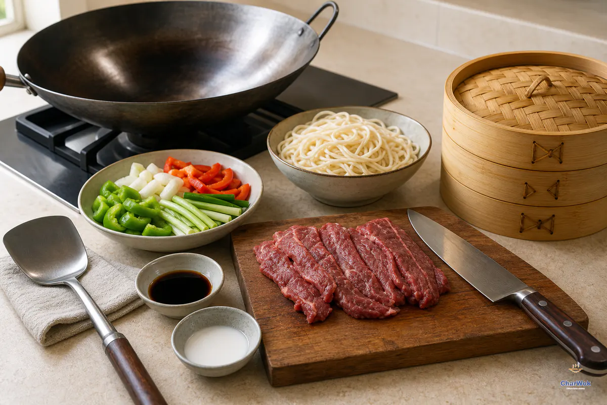 Chinese cooking workstation with a wok, knife, spatula, steamer, sliced beef, vegetables and noodles