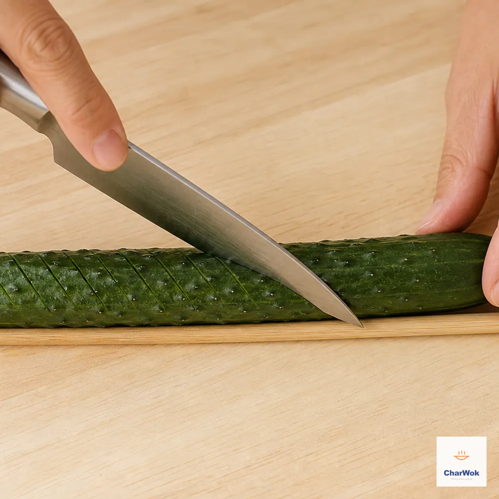 A mini cucumber rests between two chopsticks while a knife makes closely spaced diagonal cuts that stop against the chopsticks without slicing through