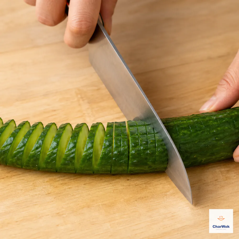The partly cut mini cucumber has been flipped over and is receiving closely spaced straight cuts perpendicular to the first diagonal cuts, opening into an accordion
